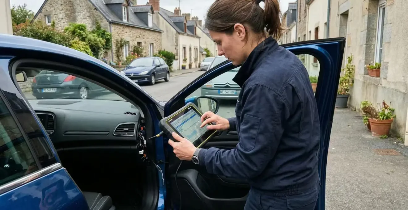 Technicien serrurier automobile utilisant un équipement de diagnostic près d'un véhicule